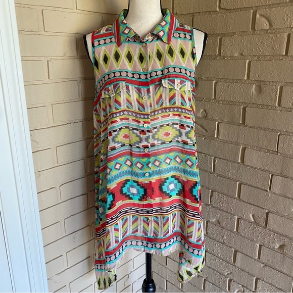 BCBGMAXAZRIA Aztec Tribal Sheer Sleeveless Collared Button-Up Tunic Top Sz M - Picture 1 of 8
